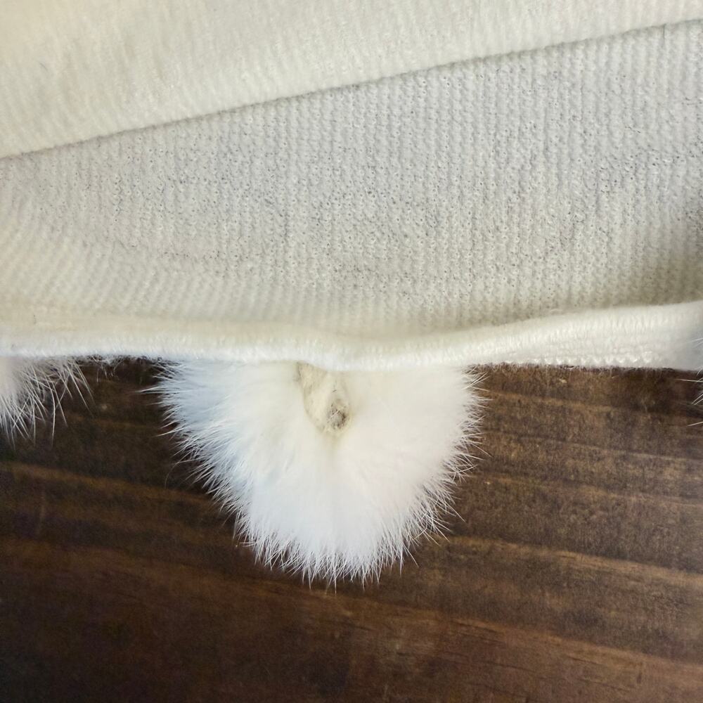 La Fiorentina White Knit Shawl Wrap Rabbit Fur Pom Pom Trimmed Long Scarf Angora - Picture 10 of 13